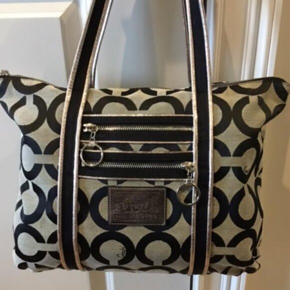 Coach Handbags - Coach Poppy Optic Op Art Glam Signature Tote Bag Black Grey Silver #13826
